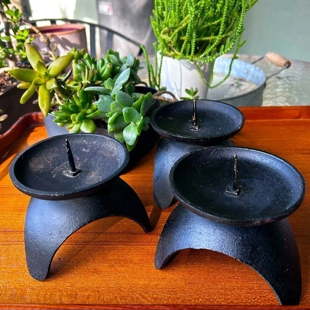 Mid Century Black Cast Iron Tripod Candle Holders Set of 3